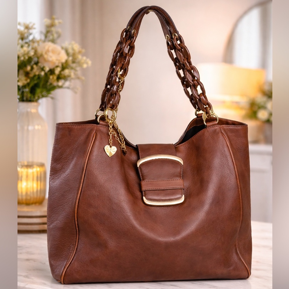 Vintage Banana Republic Jumbo Brown Leather Buckle & Chain Hobo Bag